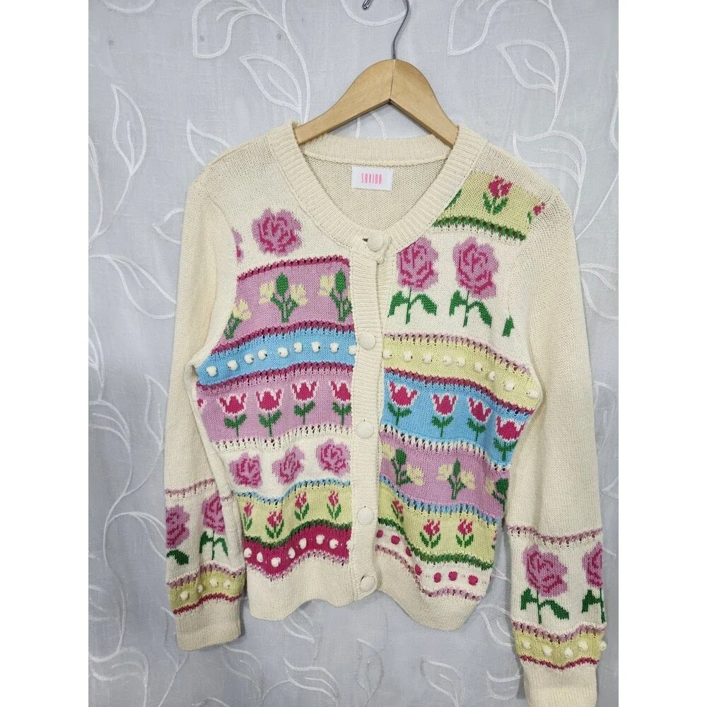 Savida Womens Large Floral Knit Cardigan Sweater Cottagecore Romantic Button